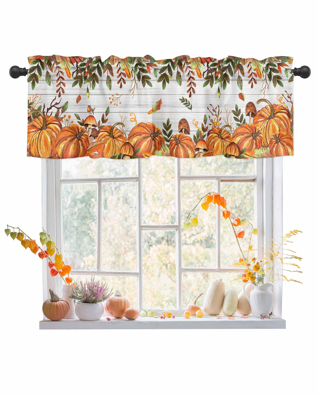 Fall Color Valances Valances for Windows Fall Thanksgiving Mushroom Pumpkin Green Leaves ...