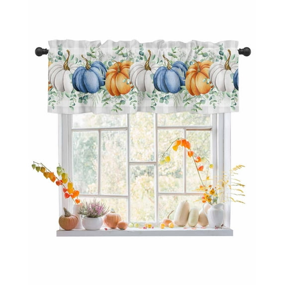 Valances for Windows Fall Thanksgiving Navy Blue White Orange Pumpkins Grey Plaid Rod Pocket Cafe Window Treatments Valance Curtains for Kitchen Bathroom Laundry Basement Windows 56"x16"