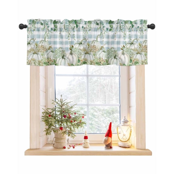 Valances for Windows, Fall Thanksgiving Pumpkin Hydrangea Eucalyptus Leaves Plaid Rod Pocket Short Window Valance Curtains Holiday Window Treatment for Kitchen Living Room Bathroom, 54"x18"