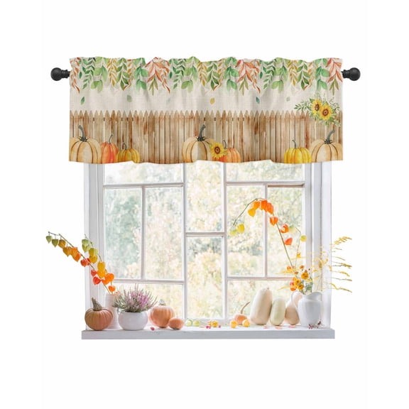 Valances for Windows Fall Thanksgiving Pumpkin Rustic Leaves Coral Linen Texture Rod Pocket Cafe Window Treatments Valance Curtains for Kitchen Bathroom Laundry Basement Windows 60"x14"