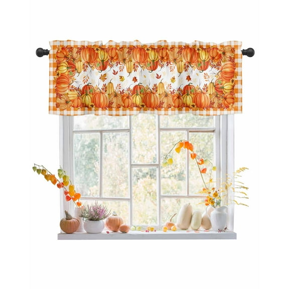 Valances for Windows Fall Thanksgiving Rustic Orange Pumpkin Leaves Buffalo Plaid Rod Pocket Cafe Window Treatments Valance Curtains for Kitchen Bathroom Laundry Basement Windows 42"x12"