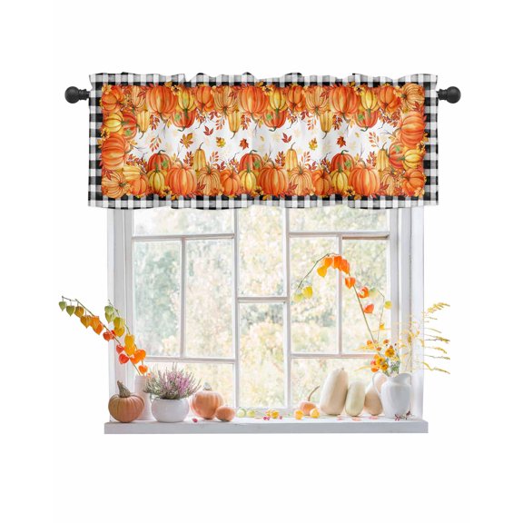 Valances for Windows Fall Thanksgiving Rustic Pumpkin Leaves Black Buffalo Plaid Rod Pocket Cafe Window Treatments Valance Curtains for Kitchen Bathroom Laundry Basement Windows 60"x18"