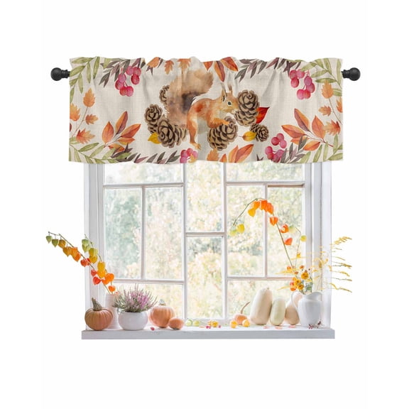 Valances for Windows Fall Thanksgiving Squirrel Pine Cone Berry Branch Retro Linen Rod Pocket Cafe Window Treatments Valance Curtains for Kitchen Bathroom Laundry Basement Windows 60"x18"
