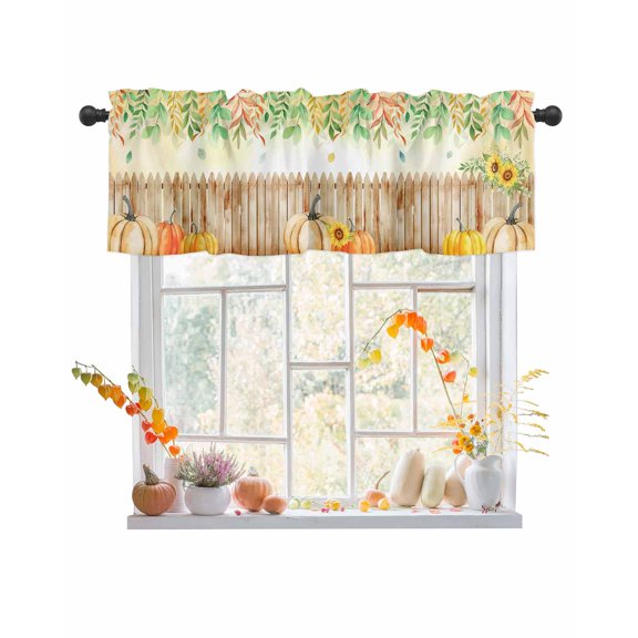 Valances for Windows Fall Thanksgiving Sunflowers Pumpkin Rustic Leaves Coral Yellow Rod Pocket Cafe Window Treatments Valance Curtains for Kitchen Bathroom Laundry Basement Windows 60"x14"