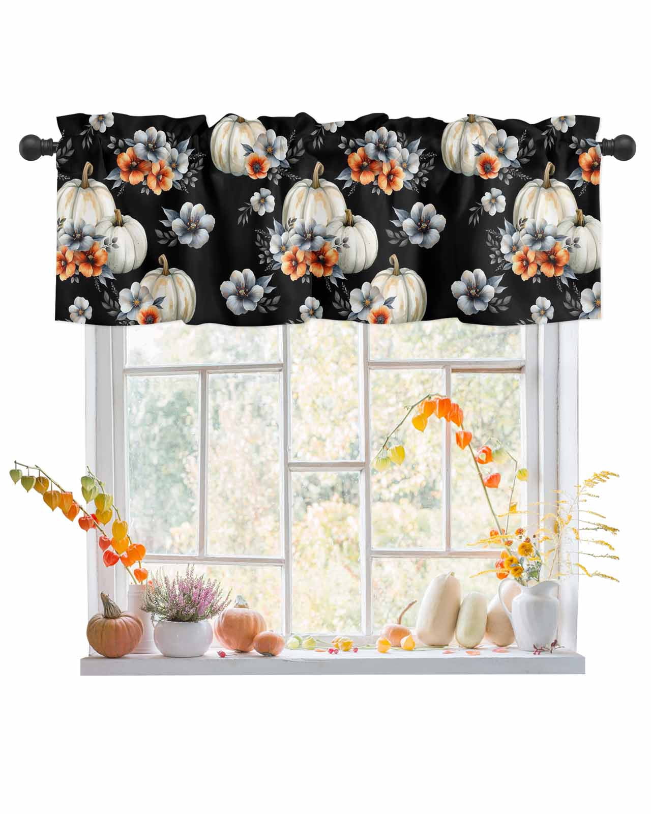Valances for Windows Fall Watercolor Pumpkin Leaf Rod Pocket Cafe ...