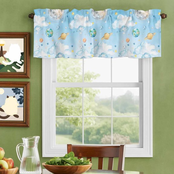 Valances for Windows,Fantasy Universe Planet Cloud Kitchen Curtain Valance Short Rod Pocket Panels Blue and Yellow Stars Small Window Treatment for Living Room Bedroom Bathroom,42"Wx12"L