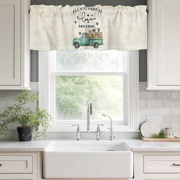 Valances for Windows,Farm Green Old-fashioned Trucks Dog Kitchen Curtain Valance Short Rod Pocket Panels Vintage Dog Paw Small Window Treatment for Living Room Bedroom Bathroom,42"Wx12"L