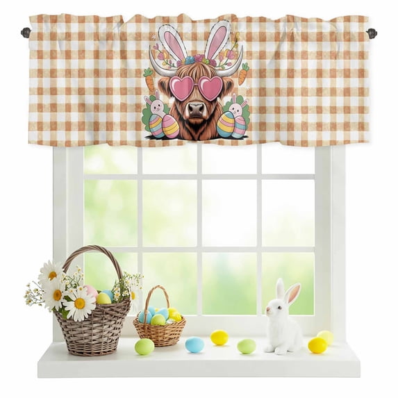 Valances for Windows Farmhouse Cow Rabbit Egg Carrot Rod Pocket Short Curtain for Bathroom Living Room Bedroom Easter Orange Buffalo Plaid 1 Panel 54x18in