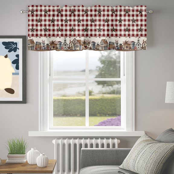 Valances for Windows,Farmhouse Western Star on Beige Kitchen Curtain Valance Short Rod Pocket Panels Red Checkered Plaid Small Window Treatment for Living Room Bedroom Bathroom,42"Wx12"L