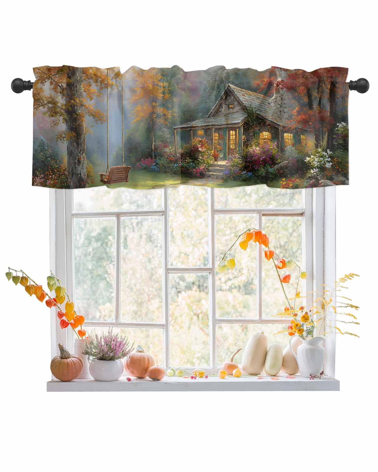 Valances for Windows, Forest Cabin Fall Fallen Leaves Tree Swing ...
