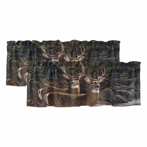 Valances for Windows, Forest Deer Kitchen Curtains Valances 2 Pack for Living Room Bedroom Bathroom, Farmhouse Vintage River Elk Light Filtering Curtains Rod Pocket Valance 42"x18"