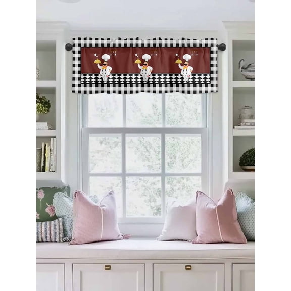 Valances for Windows,Funny Chef Food Cutlery Kitchen Curtain Valance Short Rod Pocket Panels Black White Plaid Dark Maroon Small Window Treatment for Living Room Bedroom Bathroom,42"Wx12"L