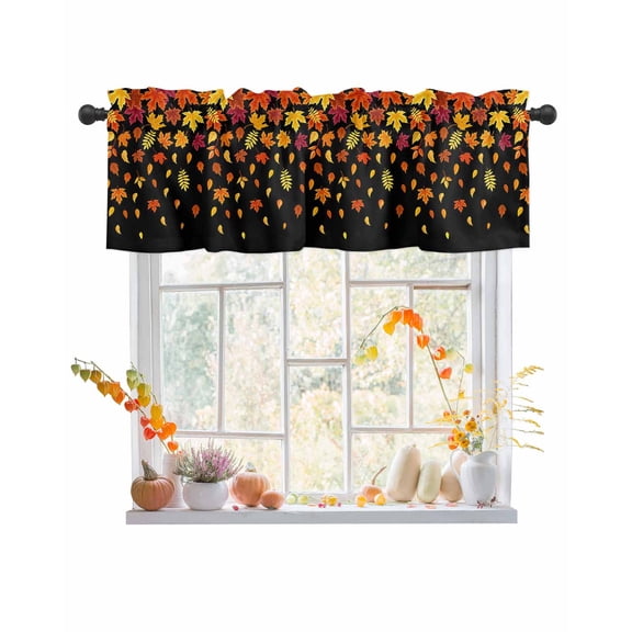 Valances for Windows GIVE THANKS Thanksgiving Fall Maple Leaves Black Texture Leaf Rod Pocket Cafe Window Treatments Valance Curtains for Kitchen Bathroom Laundry Basement Windows 42"x12"