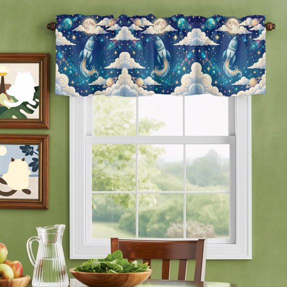 Valances for Windows,Galaxy Stars Moon Planets Kitchen Curtain Valance Short Rod Pocket Panels Cloud Dream Sky Rocket Small Window Treatment for Living Room Bedroom Bathroom,42"Wx12"L