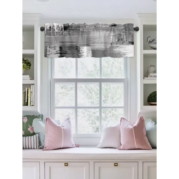 Valances for Windows,Geometric Abstraction Paint Brush Kitchen Curtain Valance Short Rod Pocket Panels Grey White Black Small Window Treatment for Living Room Bedroom Bathroom,42"Wx12"L