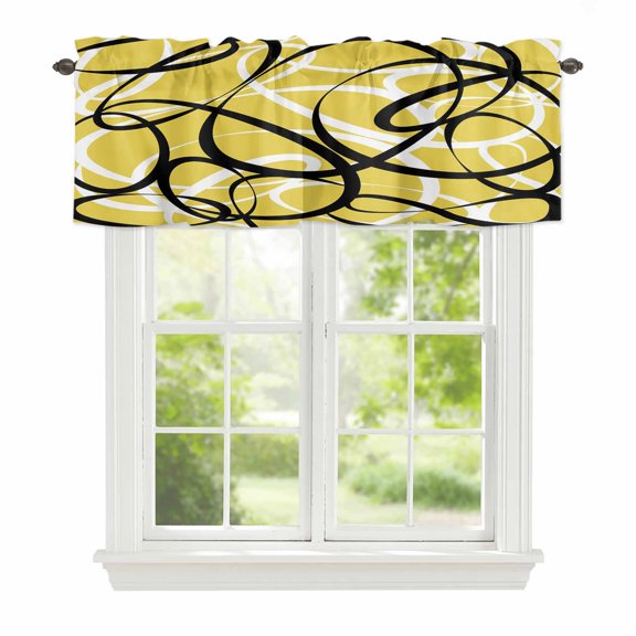 Valances for Windows Geometric Black White Curve Stripe Rod Pocket Short Curtain for Bathroom Living Room Bedroom Abstract Wave Line on Yellow 1 Panel 42x12in