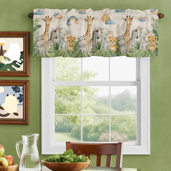 Valances for Windows,Giraffe Elephant Zebra Tiger Kitchen Curtain Valance Short Rod Pocket Panels Cartoon Animal Pattern Leaf Retro Linen Small Window Treatment for Living Room Bedroom,42"Wx12"L