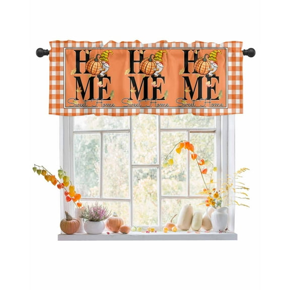 Valances for Windows, Gnome Pumpkin Orange White Checkered Edge Rod Pocket Short Window Valance Curtains Holiday Window Treatment for Kitchen Living Room Bathroom, 42"x12"
