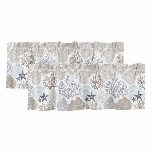 Valances for Windows, Gray Shell Coral Kitchen Curtains Valances 2 Pack for Living Room Bedroom Bathroom, Coastal Summer Beach Nautical Ocean Light Filtering Curtains Rod Pocket Valance 42"x18"