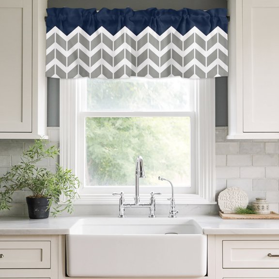 Valances for Windows,Grey Stripes Chevron Navy Kitchen Curtain Valance Short Rod Pocket Panels Zigzag Ripple Abstract Geometric Small Window Treatment for Living Room Bedroom Bathroom,42"Wx12"L