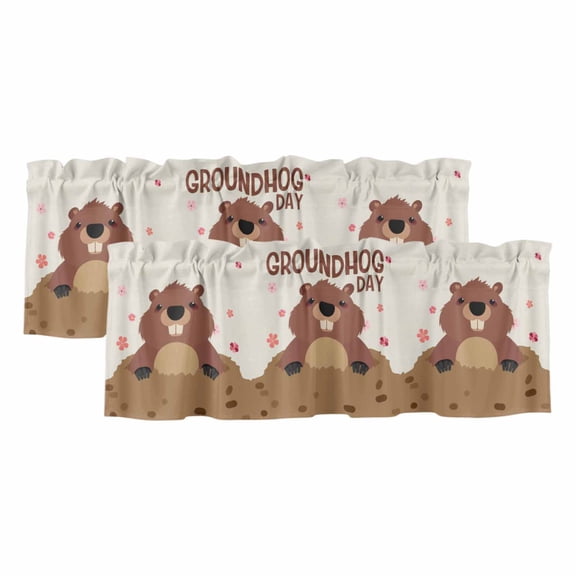 Valances for Windows, Groundhog Day Valance Curtains Blackout Drapes for Kitchen/Bathroom/Cafe, Pink Cherry Blossom Cartoon Animals Vintage Rod Pocket Window Toppers Valances 2 Pack 42''x12''