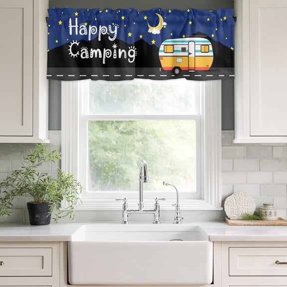 Valances for Windows,Happy Camping RV Night Star Moon Kitchen Curtain Valance Short Rod Pocket Panels Farm Mountain Watercolor Truck Small Window Treatment for Living Room Bedroom Bathroom,42"Wx12"L