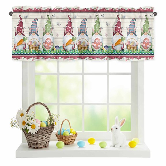 Valances for Windows Happy Easter Gnomes with Eggs on Grass Rod Pocket Short Curtain for Bathroom Living Room Bedroom Spring Floral on Wood Barn 1 Panel 42x12in