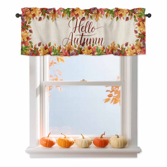 Valances for Windows Hello Autumn Colorful Maple Leaf Rod Pocket Short Curtain for bathroom living room bedroom Watercolor Fallen Leaves Retro Linen 1 Panel 42x12in