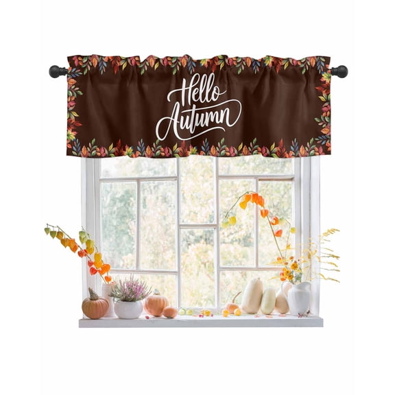 Valances for Windows, Hello Autumn Fall Maple Leaf Watercolor Pastoral Brown Rod Pocket Short Window Valance Curtains Holiday Window Treatment for Kitchen Living Room Bathroom, 42"x12"