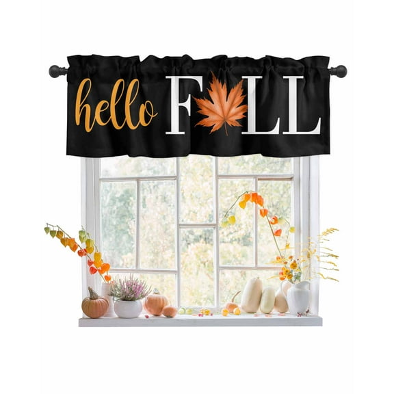 Valances for Windows, Hello Fall Maple Leaf Wood Grain Black Background Rod Pocket Short Window Valance Curtains Holiday Window Treatment for Kitchen Living Room Bathroom, 42"x12"