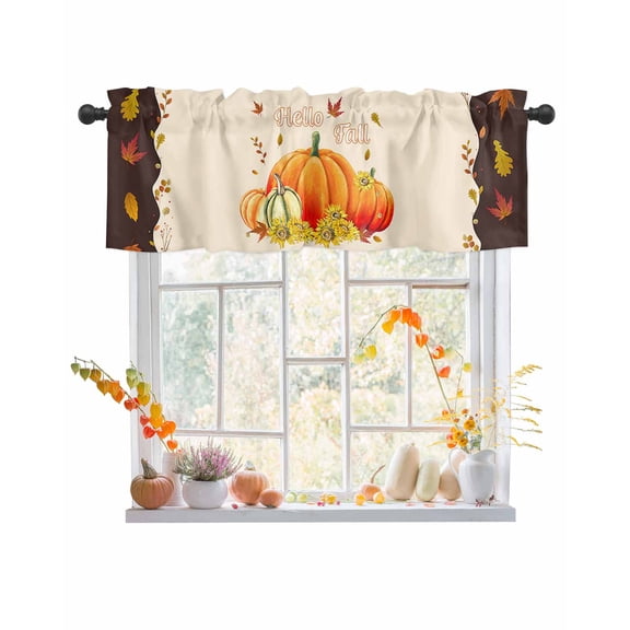 Valances for Windows Hello Fall Pumpkin Maple Border Rod Pocket Cafe Window Treatments Valance Curtains for Kitchen Bathroom Laundry Basement Windows 56"x16"