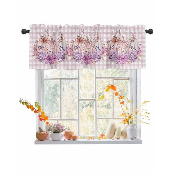 Valances for Windows Hello Fall Thanksgiving Pumpkins Pink Plaid Rod Pocket Cafe Window Treatments Valance Curtains for Kitchen Bathroom Laundry Basement Windows 60"x14"