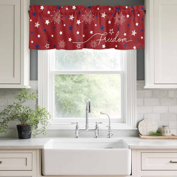 Valances for Windows,Independence Day Blue White Star Kitchen Curtain Valance Short Rod Pocket Panels Freedom Celebration on Red Small Window Treatment for Living Room Bedroom Bathroom,42"Wx12"L