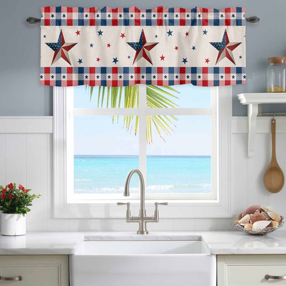 Valances for Windows Independence Day Flag Star on Cotton Rod Pocket Short Curtain for Bathroom Living Room Bedroom Buffalo Plaid Border 1 Panel 42x12in