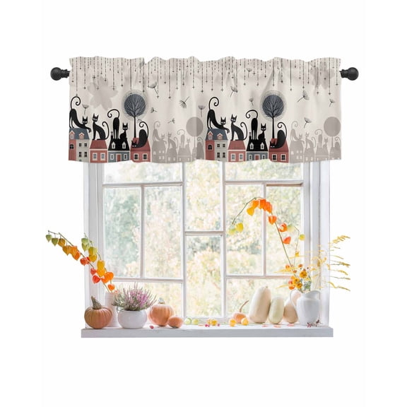 Valances for Windows, Japanese Harmony Cat Dandelion Houses Cartoon Rod Pocket Short Window Valance Curtains Holiday Window Treatment for Kitchen Living Room Bathroom, 42"x12"