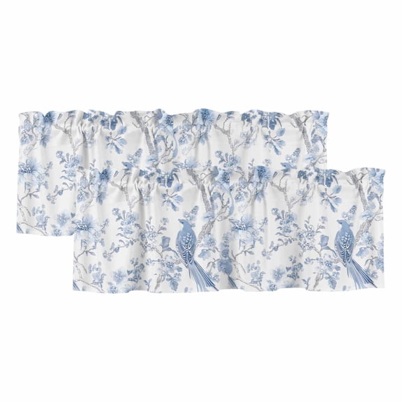 Valances for Windows, Light Blue Flowers Valance Curtains Blackout Drapes for Kitchen/Bathroom/Cafe, Spring Summer Floral Birds Rod Pocket Window Toppers Valances 2 Pack Clearance 42''x12''