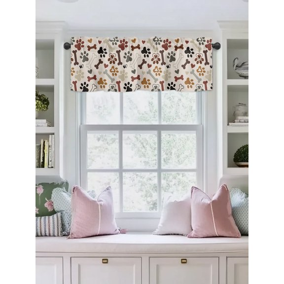 Valances for Windows,Love Bone Dog Paw Print Kitchen Curtain Valance Short Rod Pocket Panels Animal Footprints Seamless Small Window Treatment for Living Room Bedroom Bathroom,42"Wx12"L
