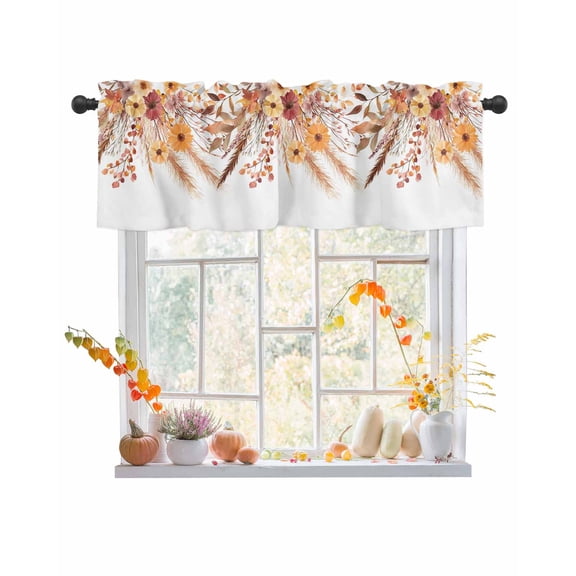 Valances for Windows, Love Fall Thanksgiving Flower Pine Cone Reed Maple Leaf Rod Pocket Short Window Valance Curtains Holiday Window Treatment for Kitchen Living Room Bathroom, 42"x18"