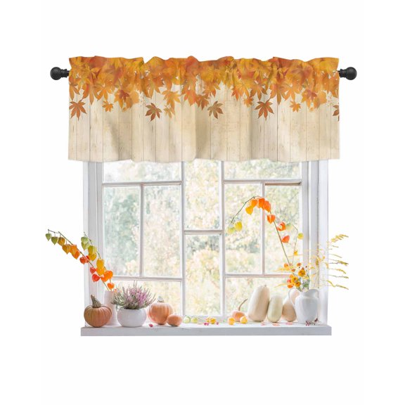Valances for Windows, Maple Leaf Fall Leaf Vintage Wood Plank Rod Pocket Short Window Valance Curtains Holiday Window Treatment for Kitchen Living Room Bathroom, 42"x12"