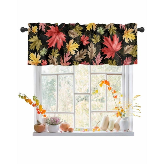 Valances for Windows, Maple Leaf Fall Thanksgiving Black Red Green Yellow Leaf Rod Pocket Short Window Valance Curtains Holiday Window Treatment for Kitchen Living Room Bathroom, 42"x12"