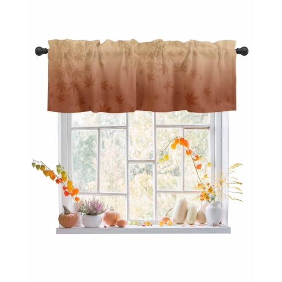 Valances for Windows, Maple Leaf Fall Thanksgiving Leaves Gradient Brown Background Rod Pocket Short Window Valance Curtains Holiday Window Treatment for Kitchen Living Room Bathroom, 42"x12"