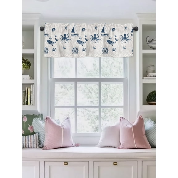 Valances for Windows,Marine Life Whales Octopus Kitchen Curtain Valance Short Rod Pocket Panels Abstract Geometric Stripes Small Window Treatment for Living Room Bedroom Bathroom,42"Wx12"L