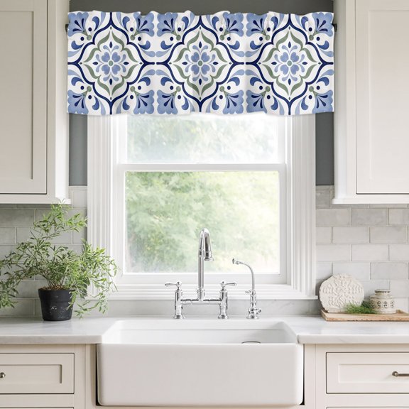 Valances for Windows,Mediterranean Theme Blue Flowers Kitchen Curtain Valance Short Rod Pocket Panels Central Stylized Floral Small Window Treatment for Living Room Bedroom Bathroom,42"Wx12"L