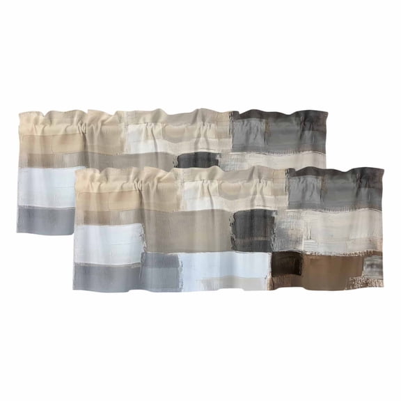 Valances for Windows, Modern Brown Beige Valance Curtains Blackout Drapes for Kitchen/Bathroom/Cafe, Grey White Color Blocks Rod Pocket Window Toppers Valances 2 Pack Clearance 42''x12''