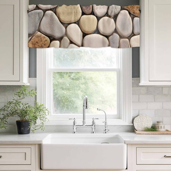 Valances for Windows,Modern Cobblestone Texture Art Kitchen Curtain Valance Short Rod Pocket Panels Seamless Brown Pebble Stone Small Window Treatment for Living Room Bedroom Bathroom,42"Wx12"L