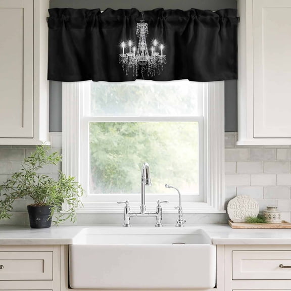 Valances for Windows,Modern Crystal Lighting on Black Kitchen Curtain Valance Short Rod Pocket Panels Chandelier Candle Small Window Treatment for Living Room Bedroom Bathroom,42"Wx12"L