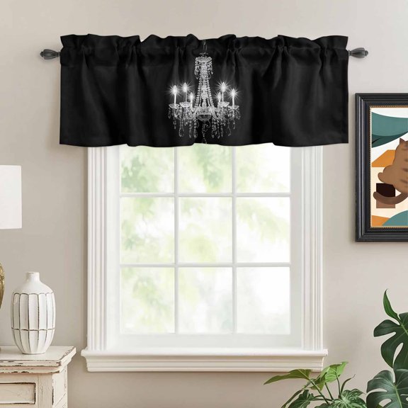 Valances for Windows,Modern Crystal Lighting on Black Kitchen Curtain Valance Short Rod Pocket Panels Chandelier Candle Small Window Treatment for Living Room Bedroom Bathroom,54"Wx18"L