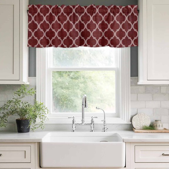 Valances for Windows,Moroccan Red Geometric Lattice Kitchen Curtain Valance Short Rod Pocket Panels Retro Medieval Pattern Small Window Treatment for Living Room Bedroom Bathroom,42"Wx12"L