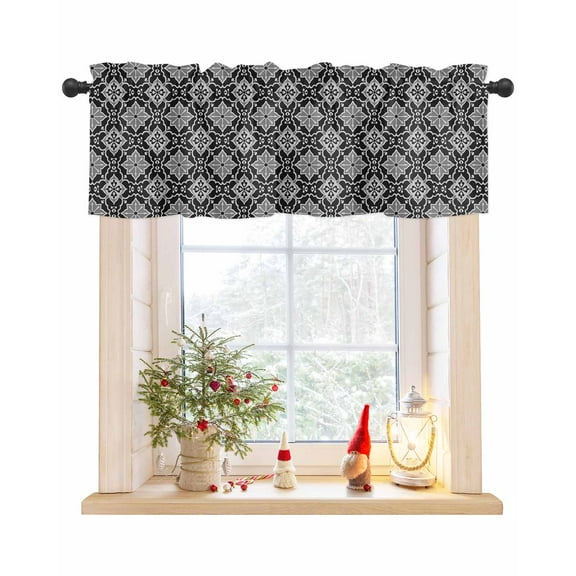 Valances for Windows, Morocco Black and Grey Geometric Floral Rod Pocket Short Window Valance Curtains Holiday Window Treatment for Kitchen Living Room Bathroom, 54"x18"