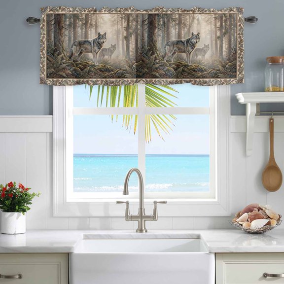 Valances for Windows Natural Wild Wolf Forest Scenery Rod Pocket Short Curtain for Bathroom Living Room Bedroom Animal Botanical Tree Plant 1 Panel 42x12in